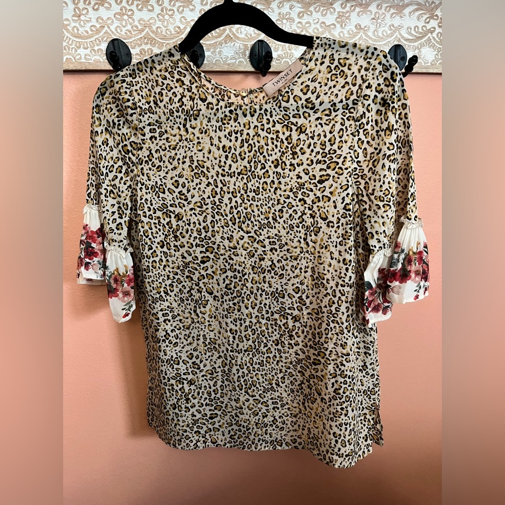Twinset Milano leopard print floral ruffle sleeve blouse